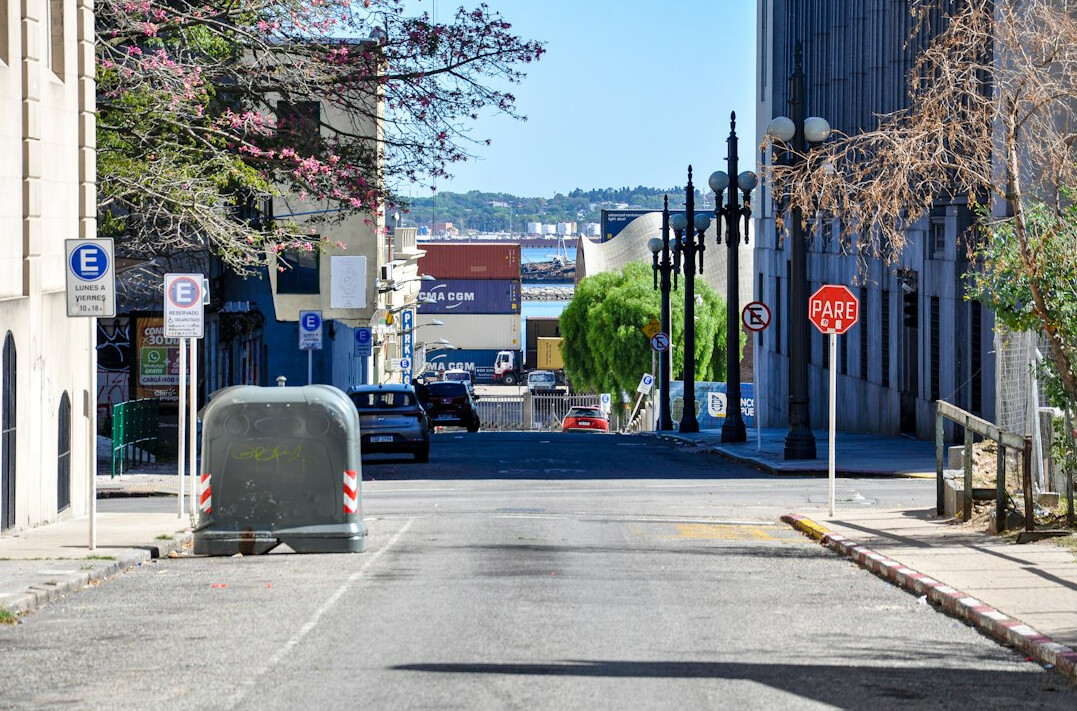 Narrow historic street with colonial buildings in Montevideo