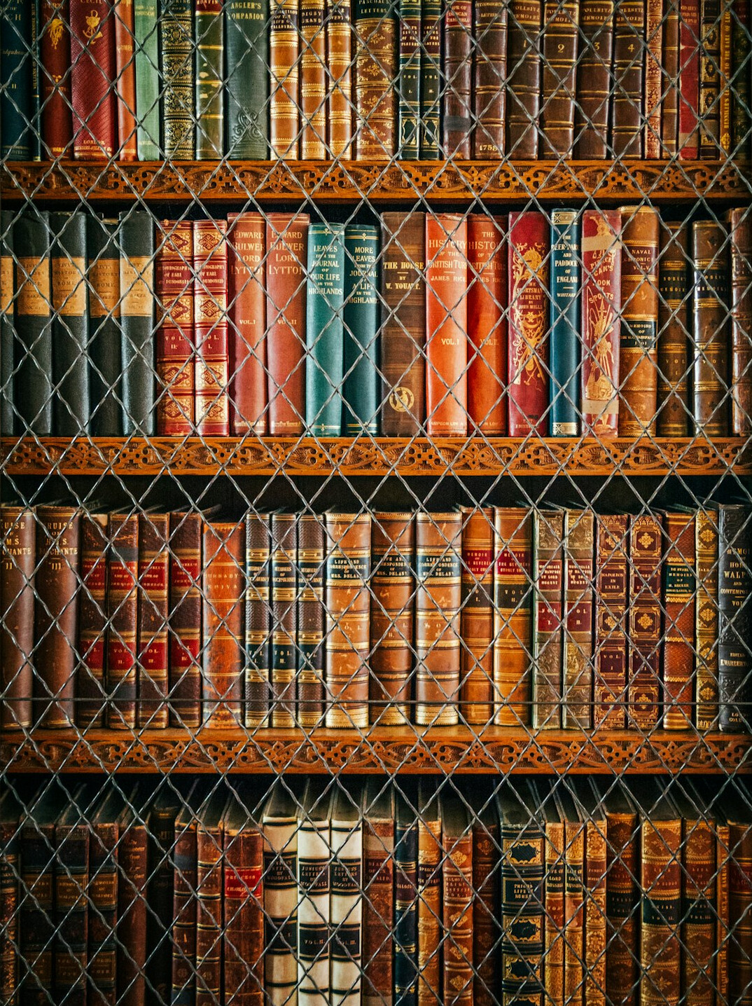 Tall library archive shelves filled with old books